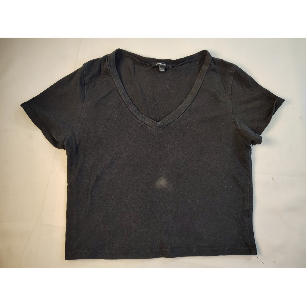 Ambiance Apparel Crop Top Tee Womens Black Solid V Neck Casual Short Sleeve Sz L